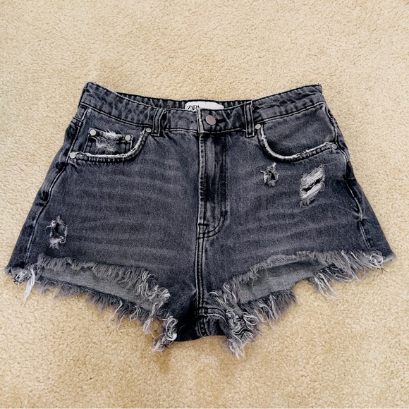 Zara High Waist Black Ripped Denim Shorts - Picture 1 of 5
